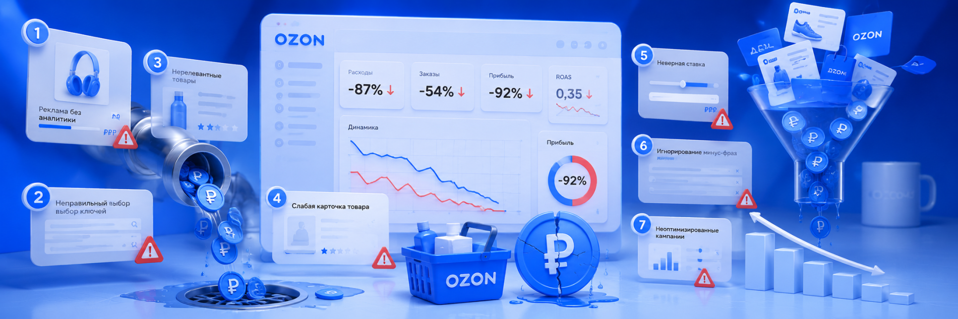 7 ошибок в рекламе Ozon, из-за которых селлер тратит бюджет и не видит прибыли